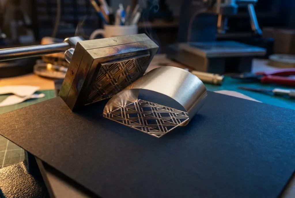 Champagne gold foil being stamped onto matte black paperboard