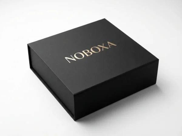 Premium custom packaging — luxury matte black gift box with gold foil branding