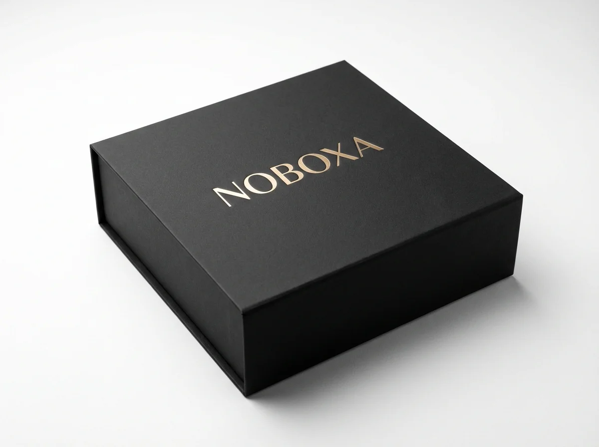 Premium custom packaging — luxury matte black gift box with NOBOXA gold foil branding
