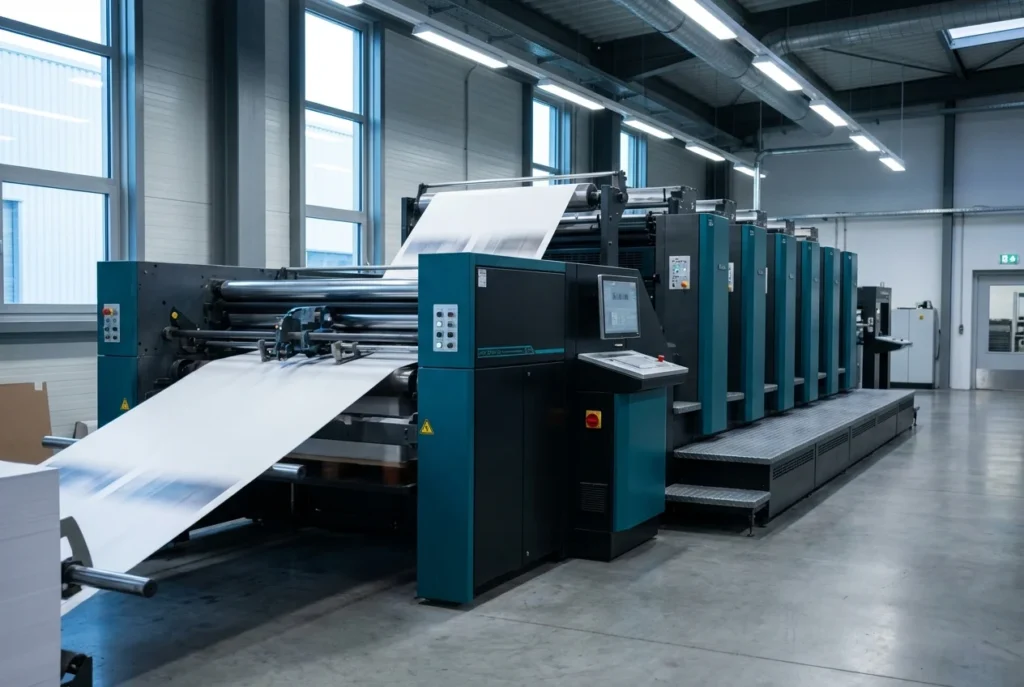 Four-color offset printing press in operation